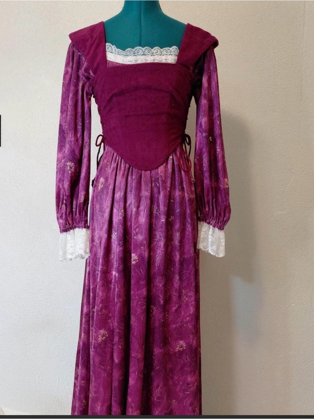 Vintage-Inspired Plum Purple Lace Trim Maxi Dress